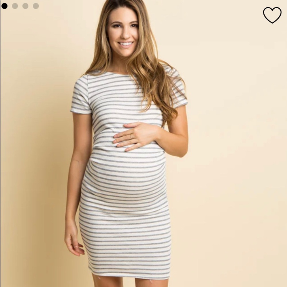 PinkBlush Ivory Grey Striped Fitted Short Sleeve Maternity Dress. Size Petite Sm